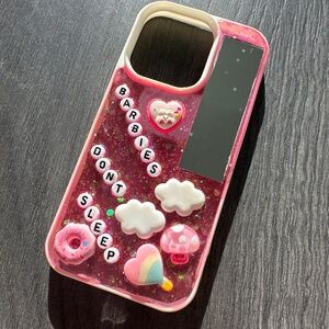 Kawaii Pink & White “Barbies Don’t Sleep” iPhone 14 Pro Case with Mirror